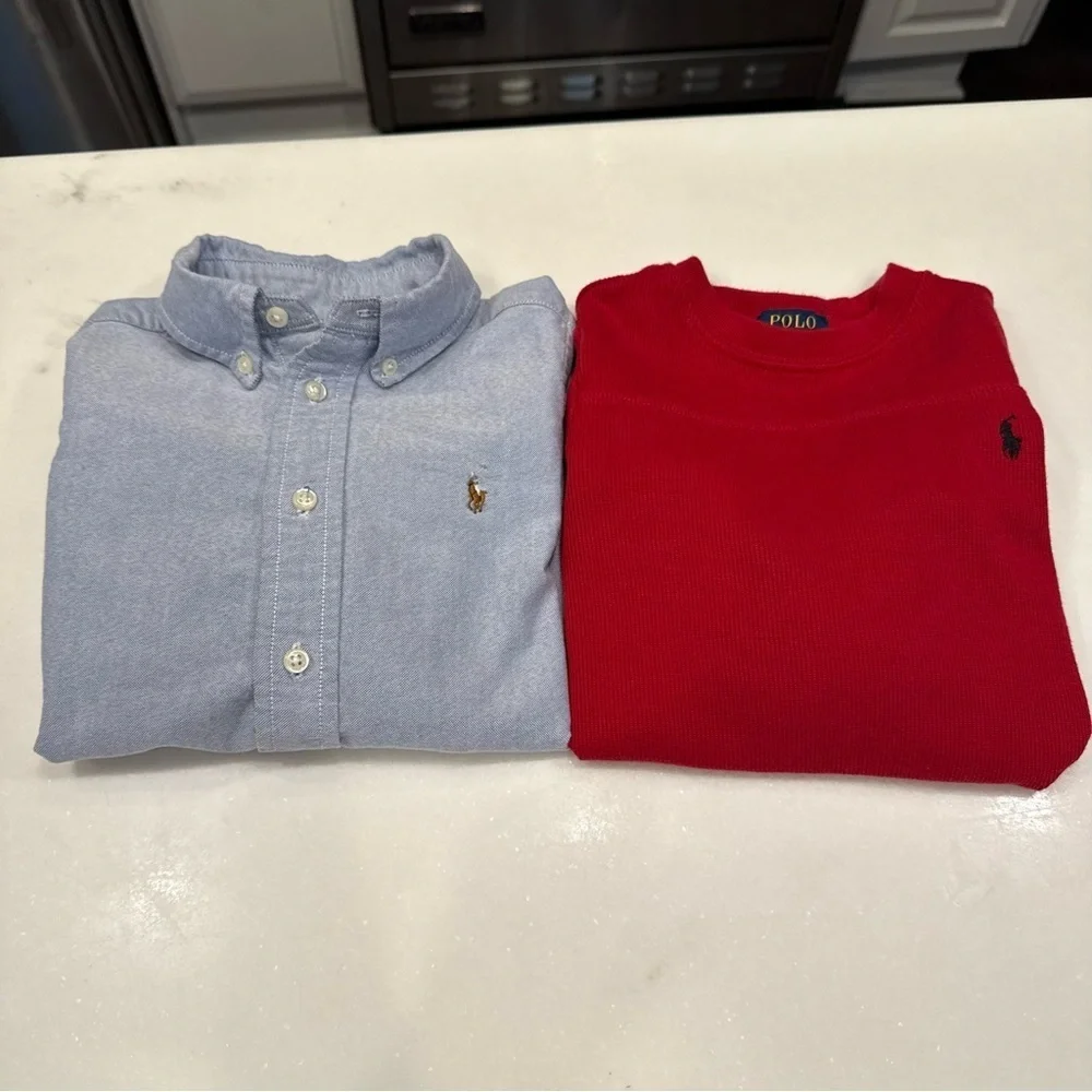Ralph Lauren Boys 2 Pcs Set Blue Oxford Shirt & Red Ribbed Pullover Sz 4T
